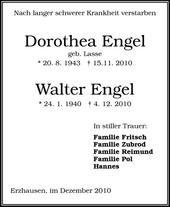 Traueranzeige von Drothea + Walter Engel von Echo-Zeitungen (Gesamtausgabe)