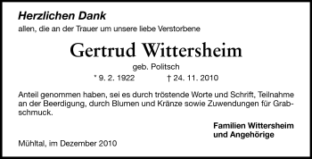 Traueranzeige von Gertrud Wittersheim von Echo-Zeitungen (Gesamtausgabe)
