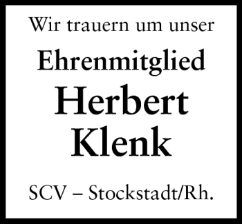 Traueranzeige von Herbert Klenk von Rüsselsheimer Echo, Groß-Gerauer-Echo, Ried Echo