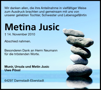 Traueranzeige von Metina Jusic von Echo-Zeitungen (Gesamtausgabe)