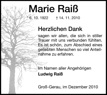 Traueranzeige von Marie Raiß von Rüsselsheimer Echo, Groß-Gerauer-Echo, Ried Echo