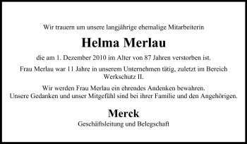 Traueranzeige von Helma Merlau von Darmstädter Echo, Odenwälder Echo, Rüsselsheimer Echo, Groß-Gerauer-Echo, Ried Echo