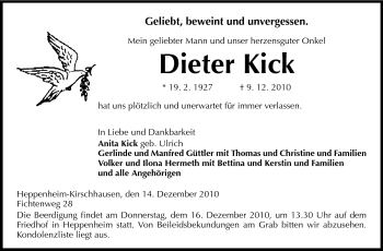 Traueranzeige von Dieter Kick von Starkenburger Echo