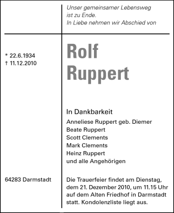 Traueranzeige von Ruppert Rolf von Echo-Zeitungen (Gesamtausgabe)