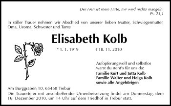 Traueranzeige von Elisabeth Kolb von Rüsselsheimer Echo, Groß-Gerauer-Echo, Ried Echo