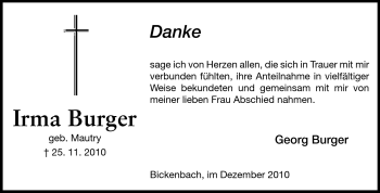 Traueranzeige von Irma Burger von Darmstädter Echo, Odenwälder Echo, Rüsselsheimer Echo, Groß-Gerauer-Echo, Ried Echo