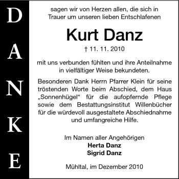 Traueranzeige von Kurt Danz von Echo-Zeitungen (Gesamtausgabe)