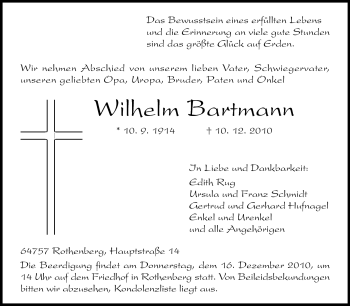 Traueranzeige von Wilhelm Bartmann von Odenwälder Echo