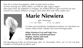 Traueranzeige von Marie Niewiera von Rüsselsheimer Echo, Groß-Gerauer-Echo, Ried Echo