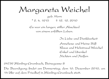 Traueranzeige von Margarete Weichel von Odenwälder Echo