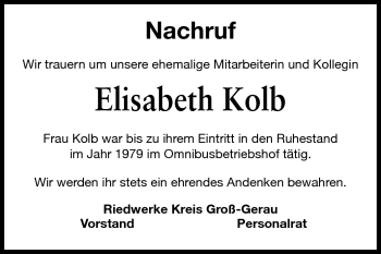 Traueranzeige von Elisabeth Kolb von Rüsselsheimer Echo, Groß-Gerauer-Echo, Ried Echo