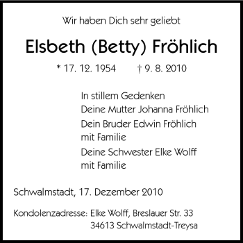 Traueranzeige von Elsbeth Fröhlich von Echo-Zeitungen (Gesamtausgabe)