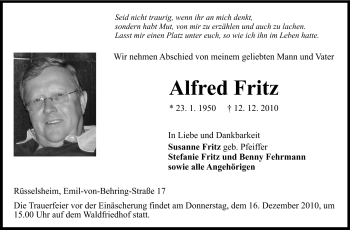 Traueranzeige von Alfred Fritz von Rüsselsheimer Echo, Groß-Gerauer-Echo, Ried Echo
