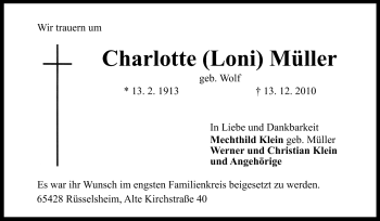 Traueranzeige von Charlotte Müller von Rüsselsheimer Echo, Groß-Gerauer-Echo, Ried Echo