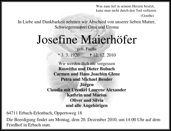Traueranzeige von Maierhöfer Josefine von Odenwälder Echo