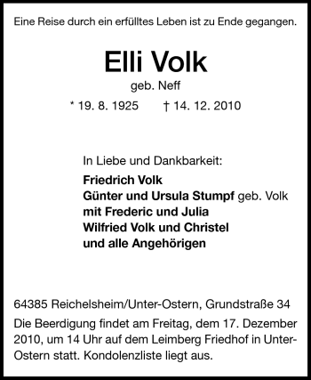 Traueranzeige von Elli Volk von Odenwälder Echo