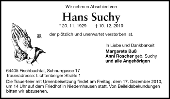 Traueranzeige von Hans Suchy von Echo-Zeitungen (Gesamtausgabe)