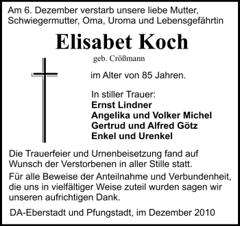 Traueranzeige von Elisabet Koch von Echo-Zeitungen (Gesamtausgabe)