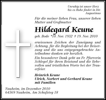Traueranzeige von Hildegard Keune von Rüsselsheimer Echo, Groß-Gerauer-Echo, Ried Echo