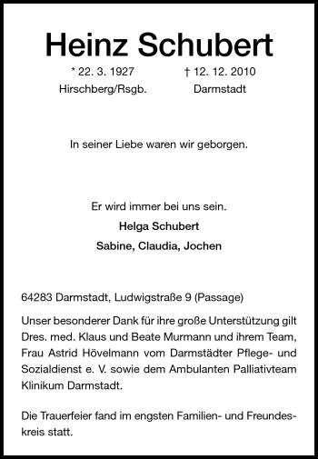 Traueranzeige von Heinz Schubert von Darmstädter Echo, Odenwälder Echo, Rüsselsheimer Echo, Groß-Gerauer-Echo, Ried Echo