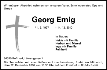 Traueranzeige von Georg Emig von Echo-Zeitungen (Gesamtausgabe)