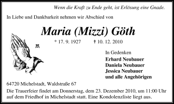 Traueranzeige von Maria Göth von Odenwälder Echo