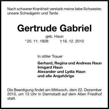 Traueranzeige von Gertrude Gabriel von Darmstädter Echo, Odenwälder Echo, Rüsselsheimer Echo, Groß-Gerauer-Echo, Ried Echo