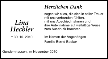 Traueranzeige von Lina Hechler  von Darmstädter Echo, Odenwälder Echo, Rüsselsheimer Echo, Groß-Gerauer-Echo, Ried Echo
