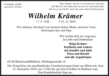 Traueranzeige von Wilhelm Krämer von Odenwälder Echo
