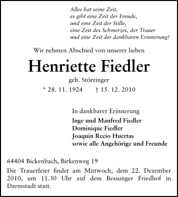 Traueranzeige von Henriette Fiedler von Darmstädter Echo, Odenwälder Echo, Rüsselsheimer Echo, Groß-Gerauer-Echo, Ried Echo
