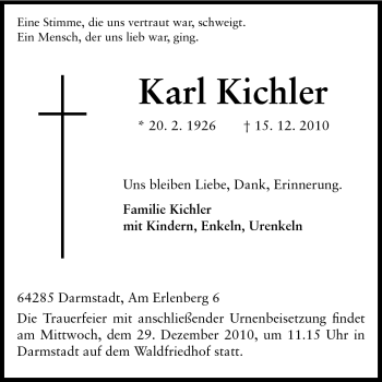 Traueranzeige von Karl Kichler von Darmstädter Echo, Odenwälder Echo, Rüsselsheimer Echo, Groß-Gerauer-Echo, Ried Echo
