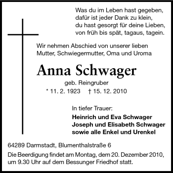 Traueranzeige von Anna Schwager von Darmstädter Echo, Odenwälder Echo, Rüsselsheimer Echo, Groß-Gerauer-Echo, Ried Echo