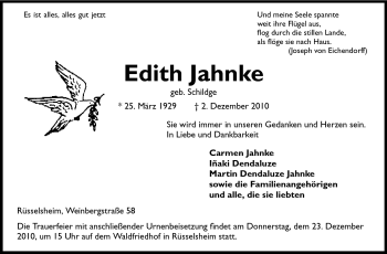 Traueranzeige von Edith Jahnke von Darmstädter Echo, Odenwälder Echo, Rüsselsheimer Echo, Groß-Gerauer-Echo, Ried Echo