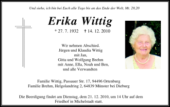 Traueranzeige von Erika Wittig von Odenwälder Echo