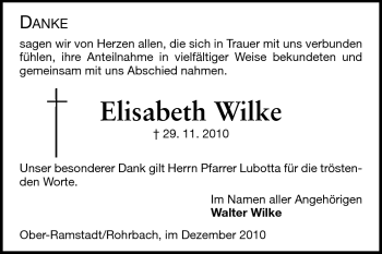 Traueranzeige von Elisabeth Wilke von Darmstädter Echo, Odenwälder Echo, Rüsselsheimer Echo, Groß-Gerauer-Echo, Ried Echo