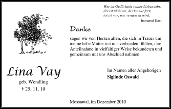 Traueranzeige von Lina Vay von Odenwälder Echo