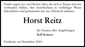 Traueranzeige von Horst Reitz von Rüsselsheimer Echo, Groß-Gerauer-Echo, Ried Echo