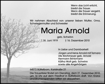 Traueranzeige von Maria Arnold von Rüsselsheimer Echo, Groß-Gerauer-Echo, Ried Echo