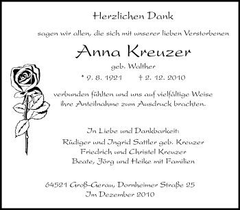 Traueranzeige von Anna Kreuzer von Rüsselsheimer Echo, Groß-Gerauer-Echo, Ried Echo