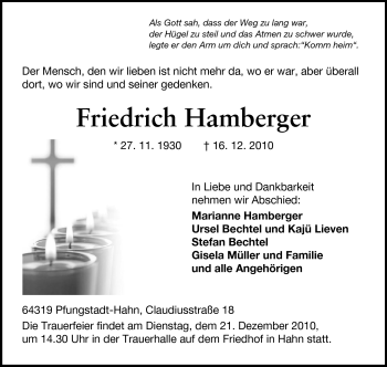 Traueranzeige von Friedrich Hamberger von Darmstädter Echo, Odenwälder Echo, Rüsselsheimer Echo, Groß-Gerauer-Echo, Ried Echo