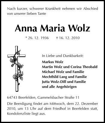 Traueranzeige von Anna Maria Wolz von Odenwälder Echo