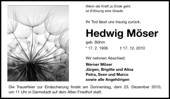 Traueranzeige von Hedwig Möser von Echo-Zeitungen (Gesamtausgabe)