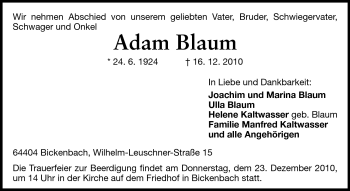 Traueranzeige von Adam Blaum von Echo-Zeitungen (Gesamtausgabe)