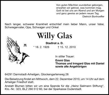 Traueranzeige von Willy Glas von Echo-Zeitungen (Gesamtausgabe)