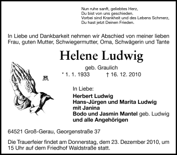 Traueranzeige von Helene Ludwig von Rüsselsheimer Echo, Groß-Gerauer-Echo, Ried Echo