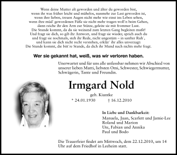 Traueranzeige von Irmgard Nold von Rüsselsheimer Echo, Groß-Gerauer-Echo, Ried Echo