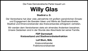 Traueranzeige von Willy Glas von Echo-Zeitungen (Gesamtausgabe)