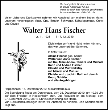 Traueranzeige von Walter Hans Fischer von Starkenburger Echo