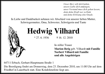Traueranzeige von Vilhardt Hedwig von Odenwälder Echo