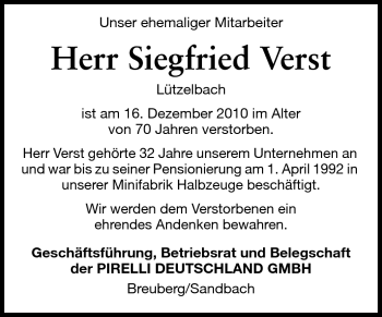 Traueranzeige von Siegfried Verst von Odenwälder Echo